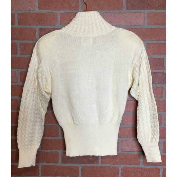 Vintage Nils Womens Cream Cable Knit Sweater Wool Blend Size M High Collar Butto - Picture 4 of 6